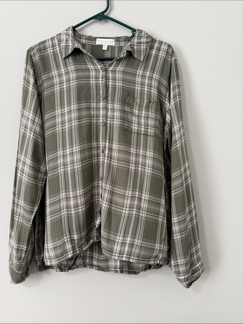 PJ Salvage Olive Plaid Casual Button-Down Shirt-Size XL